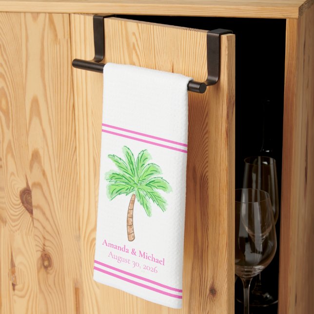 Custom Palm Tree Wedding / Names & Wedding Date Kitchen Towel (Thirds Fold)