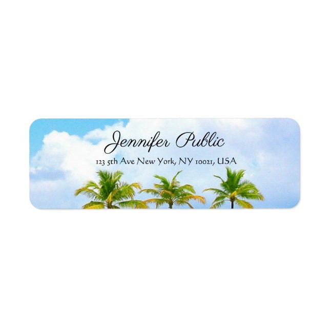 Custom Palms Blue Sky Elegant Handwritten Script Label (Front)