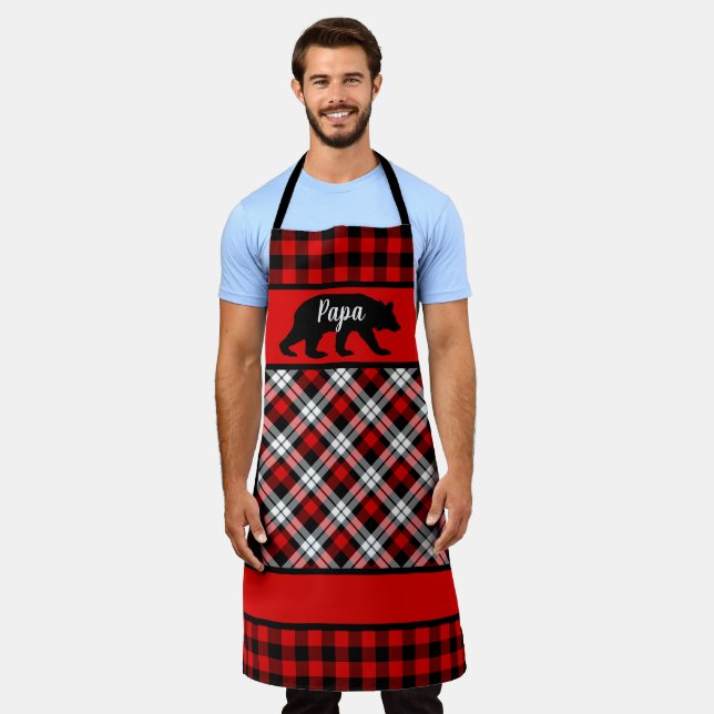 Custom Papa Mama Bear On Red Black Buffalo Checks Apron (Worn)