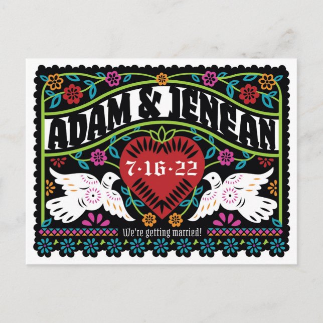 Custom Papel Picado Style Lovebirds Save the Date  Announcement Postcard (Front)
