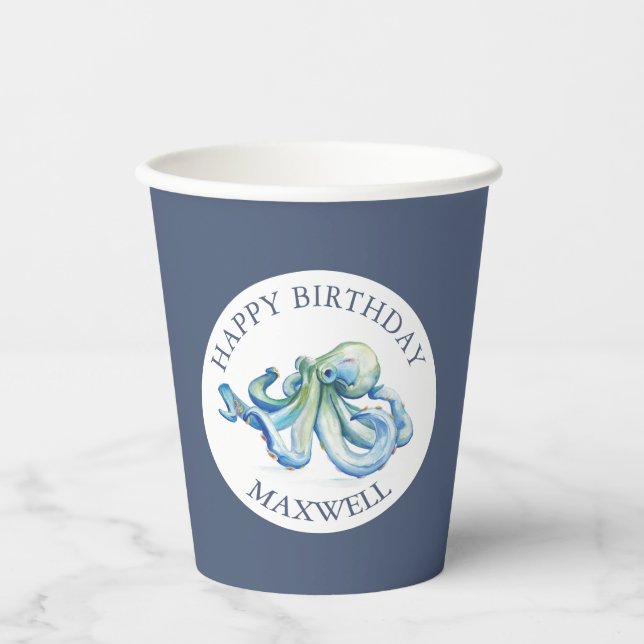 Custom Paper Cups Birthday Party Blue Nautical (Front)