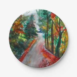 Custom Paper Plates Autumn Landscape Watercolor