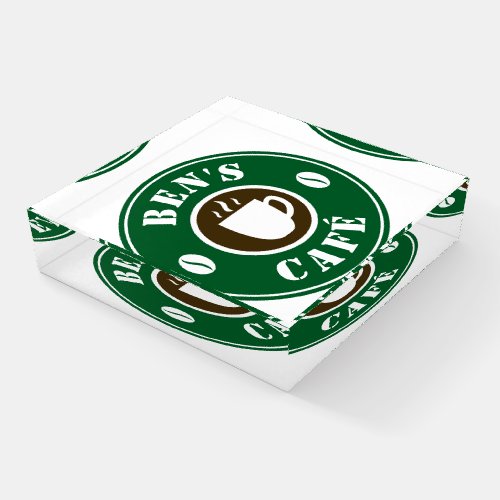 Custom paperweight with coffee cup and beans logo