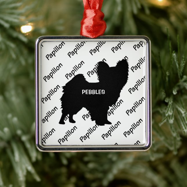 Custom Papillon Dog Silhouette Metal Ornament (Tree)