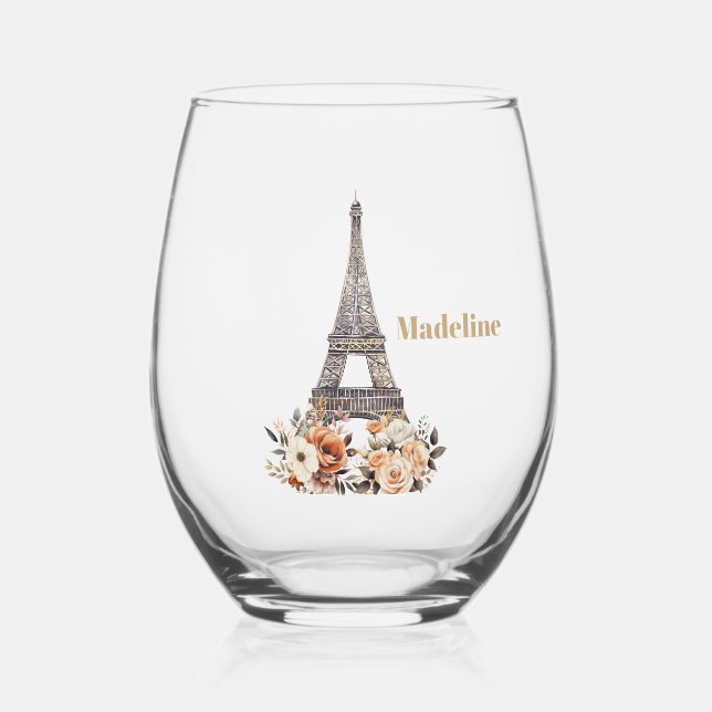 Custom Paris Eiffel Tower Beautiful Floral Stemless Wine Glass (Front)