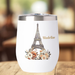 Custom Paris Eiffel Tower Beautiful Floral Thermal Wine Tumbler