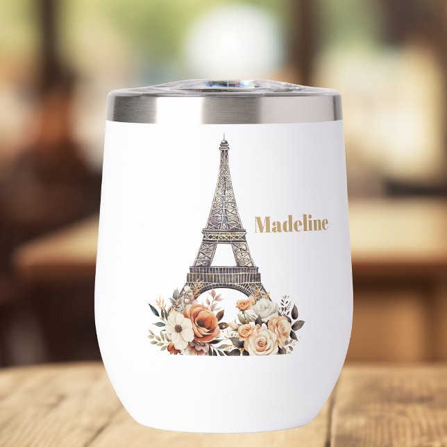 Custom Paris Eiffel Tower Beautiful Floral Thermal Wine Tumbler (Creator Uploaded)