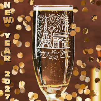 Custom Paris Eiffel Tower Fireworks New Year 2027 Champagne Flute