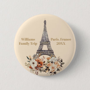 Custom Paris Trip Eiffel Tower Floral Button