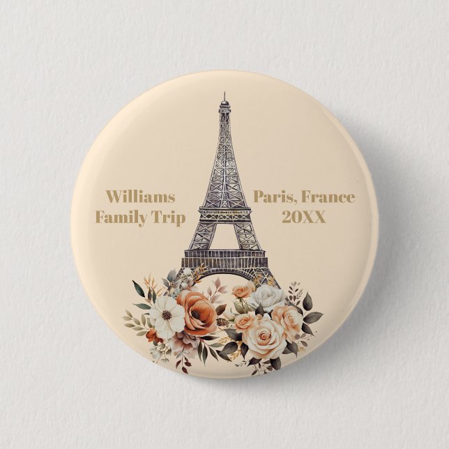 Custom Paris Trip Eiffel Tower Floral Button (Front)