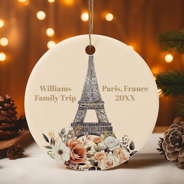 Custom Paris Trip Eiffel Tower Floral Christmas Ceramic Ornament (Creator Uploaded)