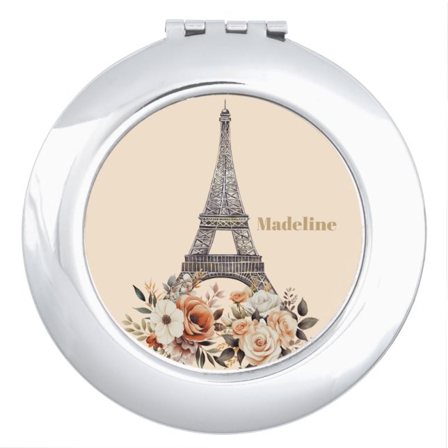 Custom Paris Trip Eiffel Tower Floral Compact Mirror (Front)