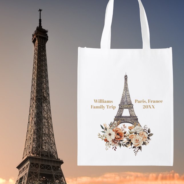 Custom Paris Trip Eiffel Tower Floral Grocery Bag (Creator Uploaded)