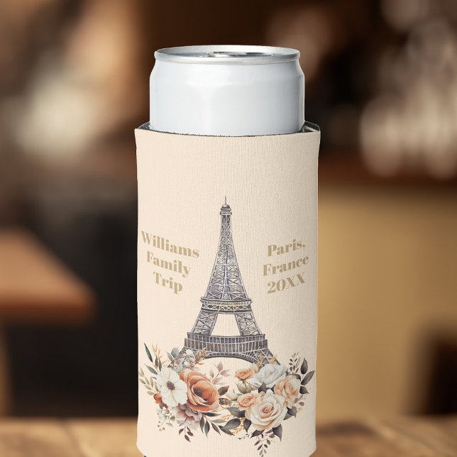Custom Paris Trip Eiffel Tower Floral Seltzer Can Cooler (Creator Uploaded)