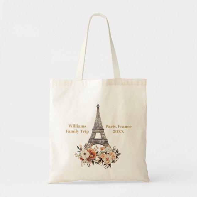 Custom Paris Trip Eiffel Tower Floral Tote Bag (Front)
