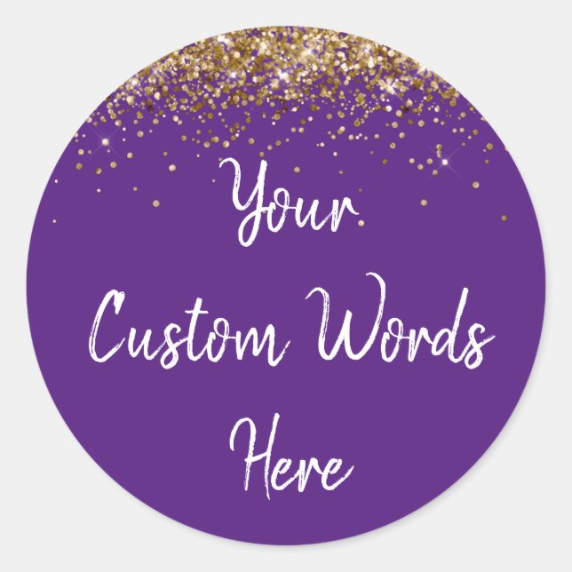 Custom Party Favor Birthday Purple Gold and White Classic Round Sticker (Front)