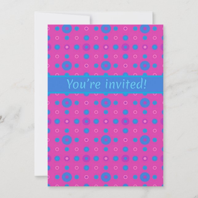 Custom Party Invitation Blue Polka Dots on Magenta (Front)