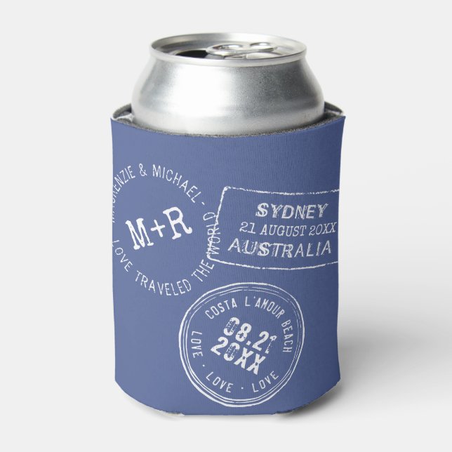 Custom Passport Destination Wedding Favor Blue Can Cooler (Can Front)