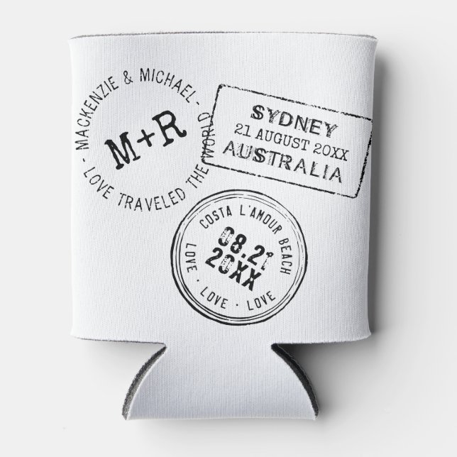 Custom Passport Stamp Destination Wedding Favor Can Cooler (Front)