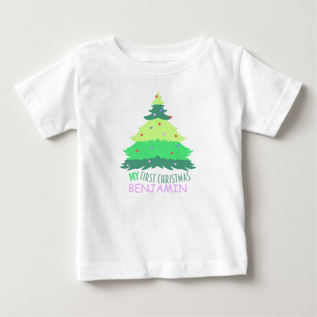 Custom Pastel and Cute My First Christmas Name Baby T-Shirt (Front)
