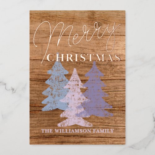 Custom Pastel Blue Blush Pink Violet Trees Gold Foil Holiday Card