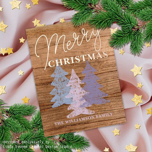 Custom Pastel Blue Blush Pink Violet Trees Gold Foil Holiday Card (Creator Uploaded)