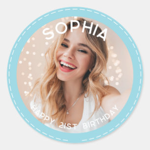 Custom pastel blue Modern 21st Birthday Photo Classic Round Sticker