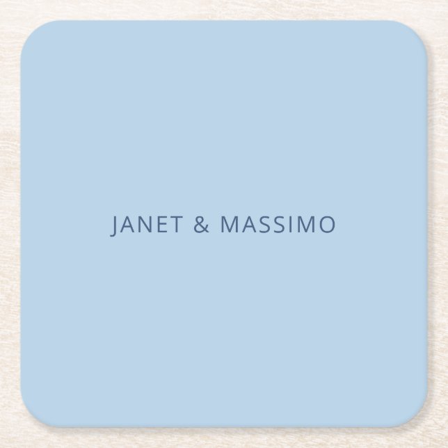 Custom pastel blue personalized minimalist name square paper coaster (Front)