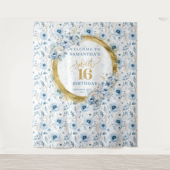 Custom Pastel Blue Sweet 16 Gold Glitter Tapestry  (Front)