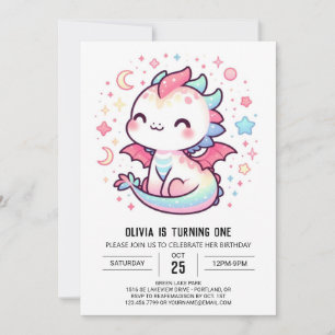 Custom Pastel Dragon 1st Birthday Invitation