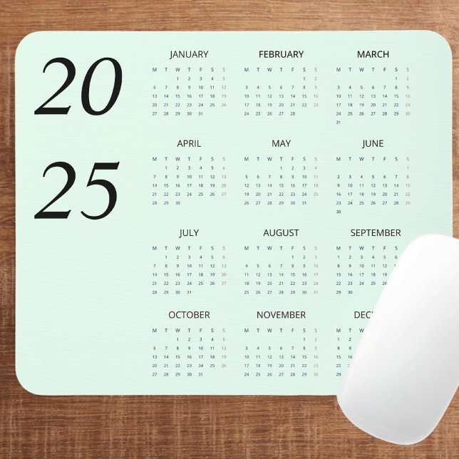Custom Pastel Mint 2025 Calendar Elegant  Mouse Pad (Creator Uploaded)
