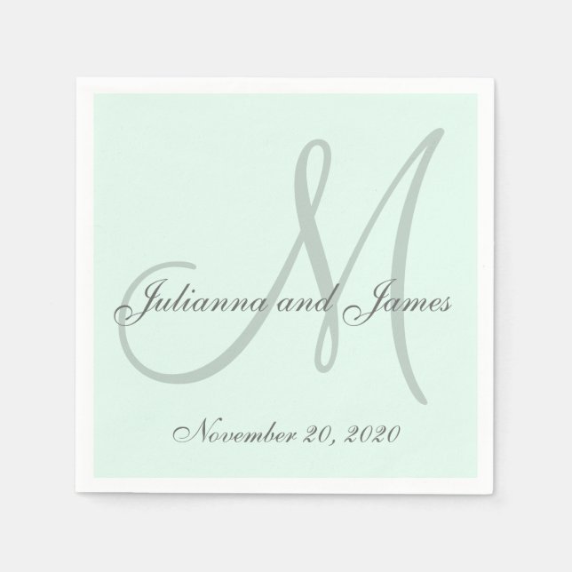 Custom Pastel Mint Colored Monogram Paper Napkins (Front)