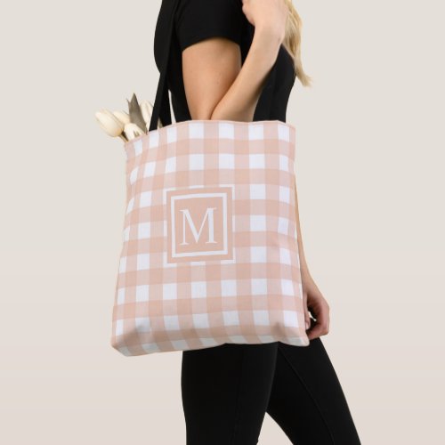 Custom Pastel Peach Pink Checkered Pattern Tote Bag