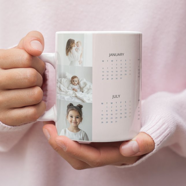 Custom Pastel Pink 2025 Calendar with Three Photos Giant Coffee Mug (Creator Uploaded)