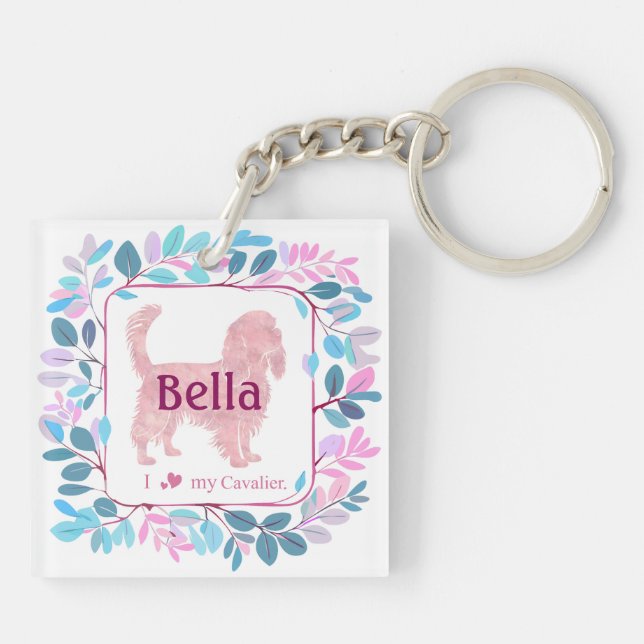 Custom pastel pink cavalier Photo & Name Keychain (Back)