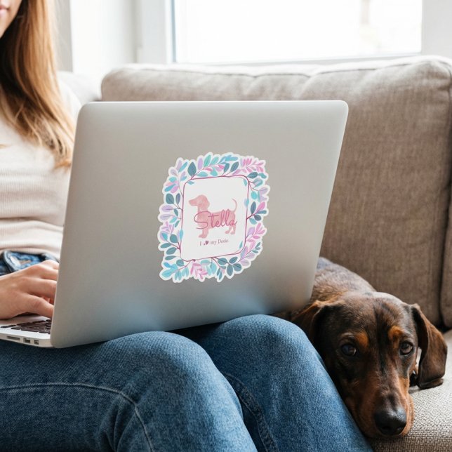 Custom Pastel Pink Dachshund with Botanical Wreath Sticker (Creator Uploaded)