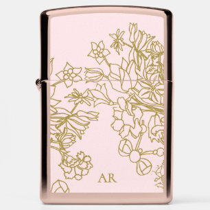 Custom Pastel Pink Gold Floral Hand Drawn Line Art Zippo Lighter