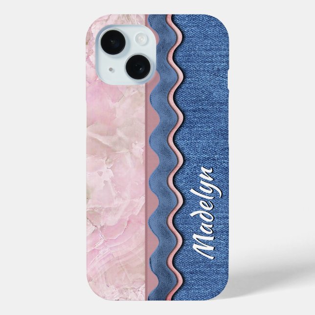 Custom Pastel Pink Marble On Denim Blue Jeans Case-Mate iPhone Case (Back)