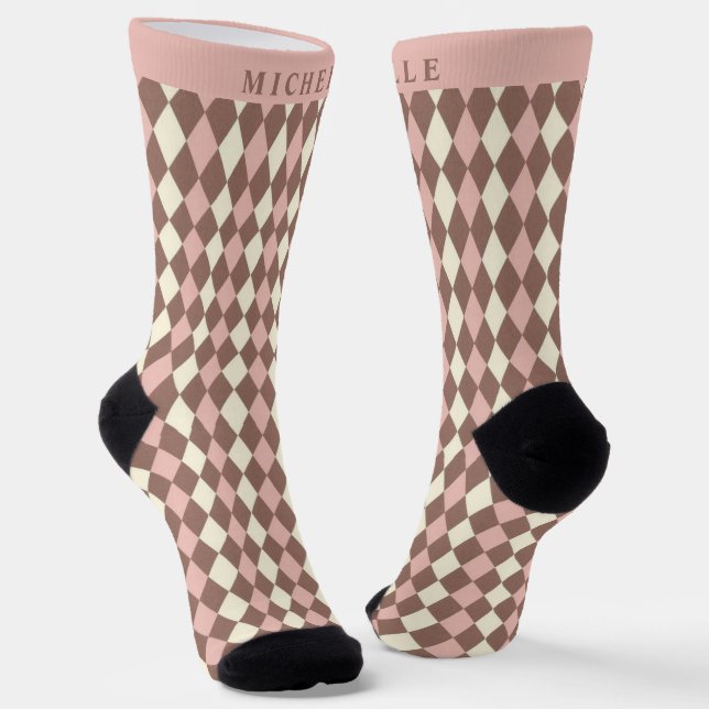 Custom Pastel Pink Yellow Brown Argyle Pattern Socks (Angled)