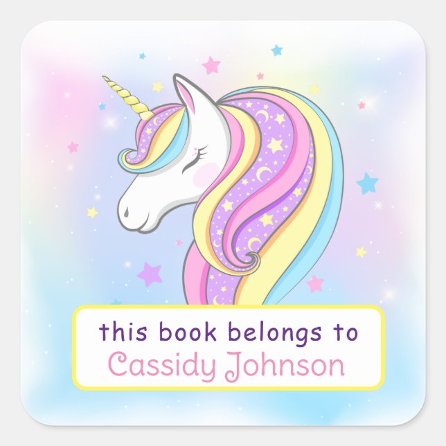 Custom pastel rainbow unicorn name bookplate (Front)