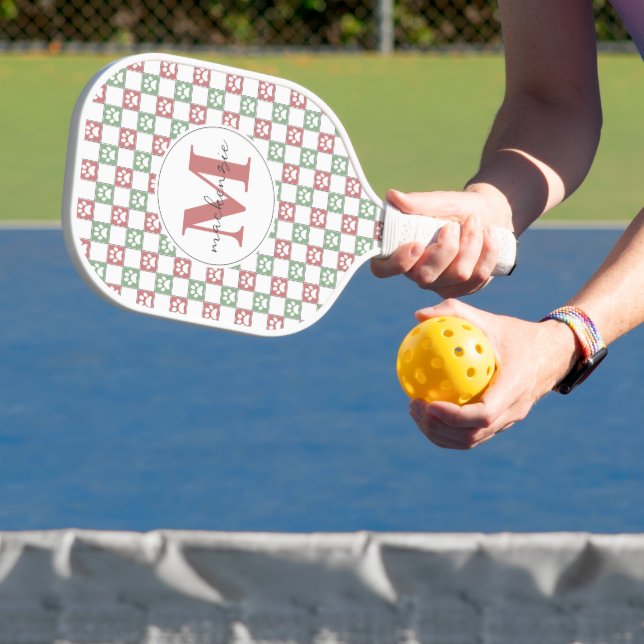 Custom Pastel Red and Green dog paw print pattern Pickleball Paddle (Insitu)