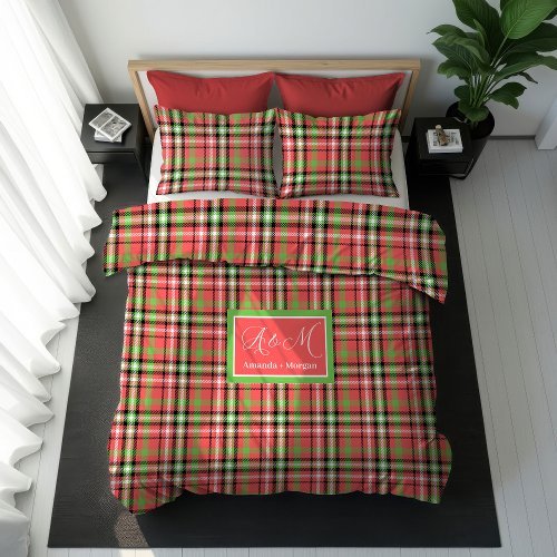 Custom pastel red green Christmas plaid duvet
