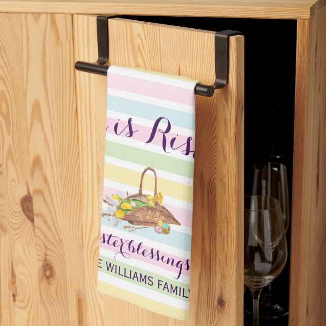 Custom Pastel Stripes Modern Floral Easter Garden Kitchen Towel (Thirds Fold)