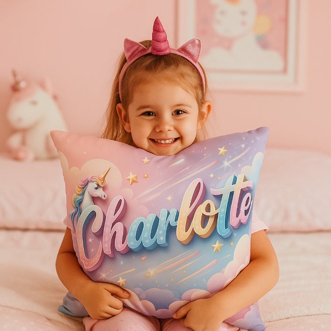Custom Pastel Unicorn Name Pillow (Custom unicorn-themed nursery decor with child's name in rainbow colors)