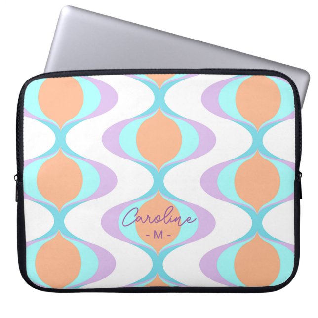 Custom Pastel Violet Orange Aqua Blue Ogee Waves Laptop Sleeve (Front)