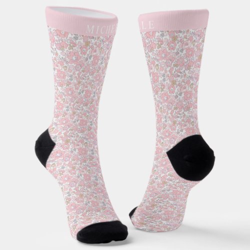 Custom Pastel  White Floral Pink Flowers Pattern Socks