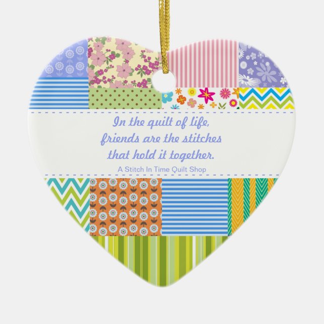 Custom Patchwork Quilt Shop Promotional Ceramic Ornament (Front)