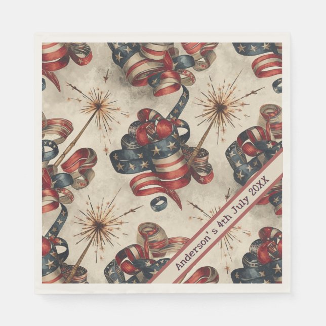 Custom Patriotic Flag Banner Fireworks 4th July Napkins (Front)