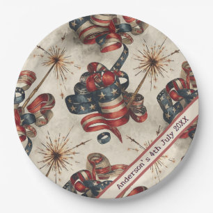 Custom Patriotic Flag Banner Fireworks 4th July Paper Plates
