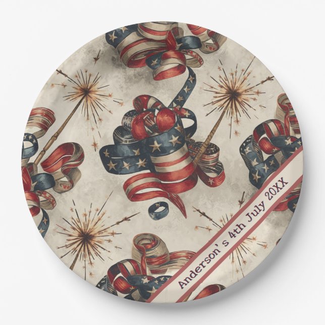 Custom Patriotic Flag Banner Fireworks 4th July Paper Plates (Front)
